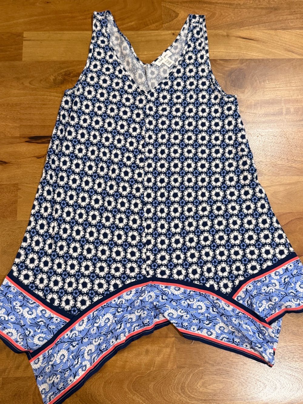 Tribal Navy & White Printed Tunic Tank w/ Light Blue and Coral Accents Size XS